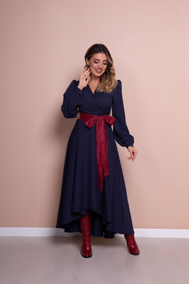 Women's Navy Blue Claret Red Leather Belt Navy Blue Long Sleeve Asymmetric Cut Dress