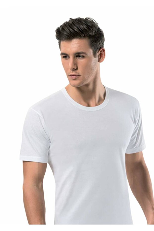 Men's White Combed Cotton Crew Neck Cotton Wide Cut Undershirt Athlete Abn Erd 1150