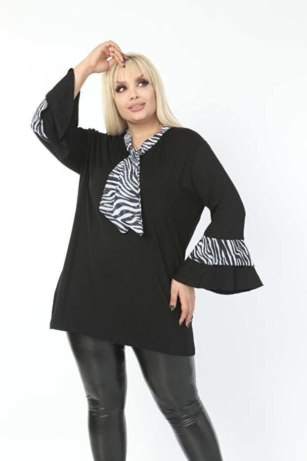 Black Chiffon Zebra Detailed Flounce Sleeve Blouse