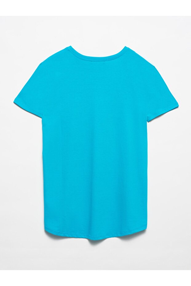 Kadın Mavi Bisiklet Yaka Basic T-shirt 3471 - 2