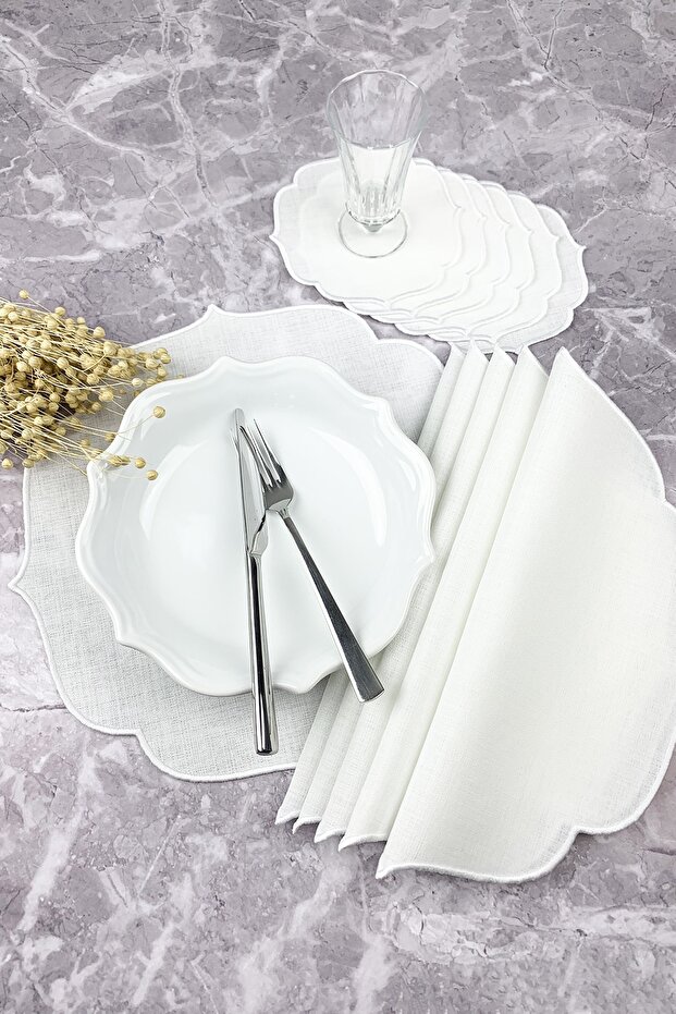 White Color Embroidered 12 Piece Set Placemat And Cocktail Napkin