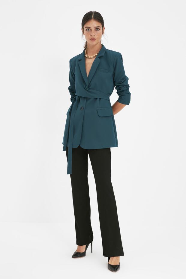 Emerald Green Regular Lined Tied Woven Blazer Jacket TWOAW21CE0320 - 3