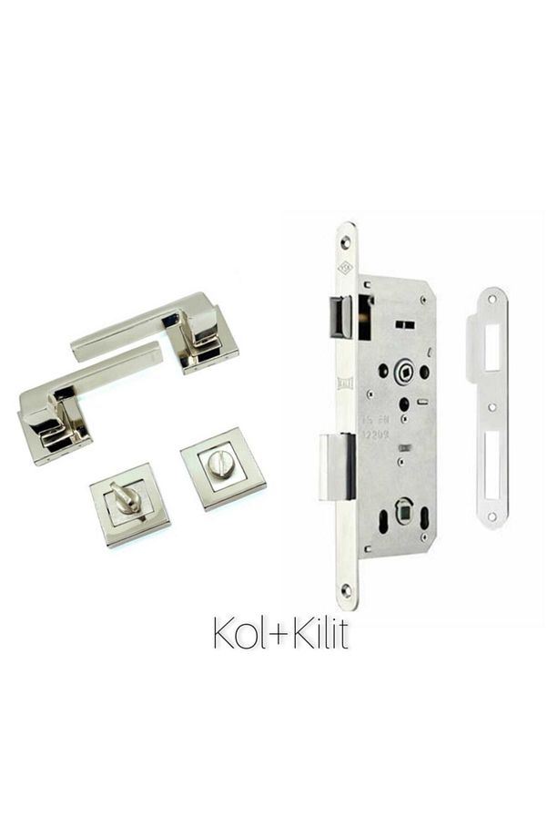 Lüx Anka Kare Rozetli Nikel Saten (BANYO-WC TİPİ) Kapı Kolu Kilit Sistemi 2'li Set - 1