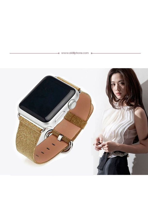 Ally Iwatch 1-2-3 42mm 4-5-44mm Kordon Kayış Deri Ince Sim Işlemeli Gold - 3