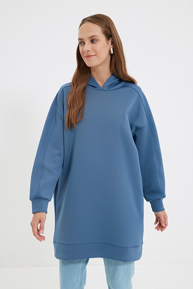 Sötétkék nagyméretű búvárpulóver - kapucnival és zsebbel TCTAW22TW0151 - 5