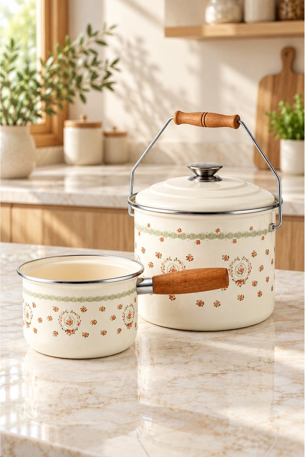 2-Piece Enamel Pot and Sauce Bowl Set - 3-Piece Set - Vintage Nostalgic Enamel Pot and Sauce Bowl Set