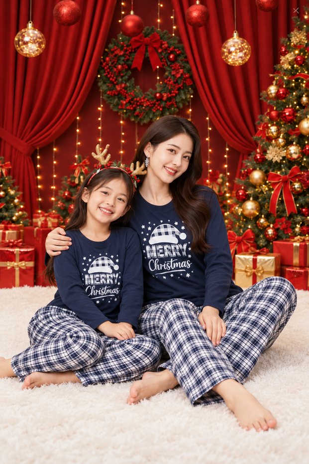 New Year's-Themed Family Pajama Set, Knit Fabric, Mother-Daughter