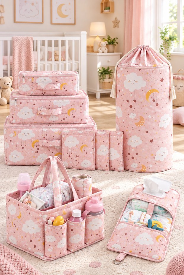 Premium Luxury 9-Piece Mother and Baby Set - Laundry Basket, Baby Bag, Diaper Changing Bag, 6-Piece Luggage Organizer