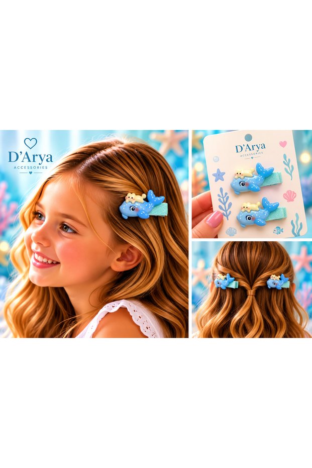 D'Arya Handmade Ceramic Ocean-Themed Set of 2 Blue Whale Girls' snap-fastened hair clips DD838