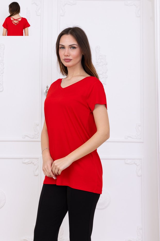 Viscose V-Neck Long-Sleeve T-Shirt with Back Detail