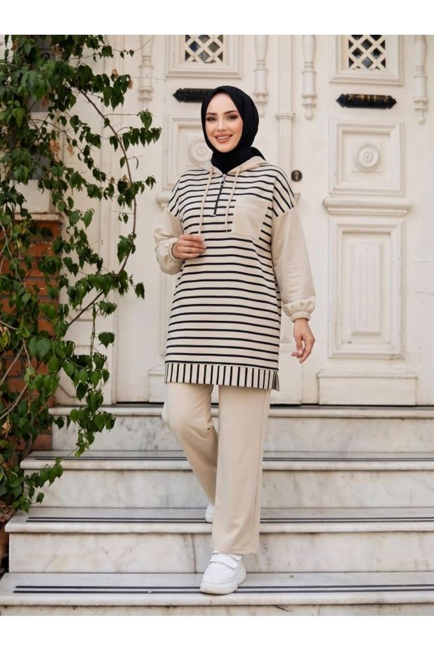 striped hooded Top Bottom Set