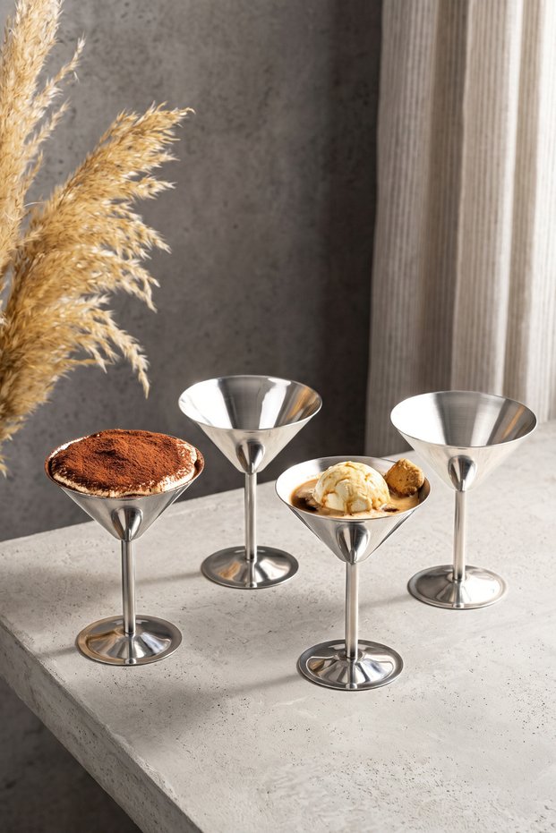 Set of 4 Verona-Style 18/10 Stainless Steel Ice Cream and Dessert Serving Bowls, Martini Glasses, Serving Platters, and Cookie Jars, 11 cm