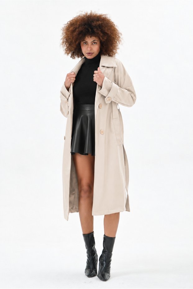 Women's Leather Look Belted Long Trench Coat |   Belted Long Trench Coat