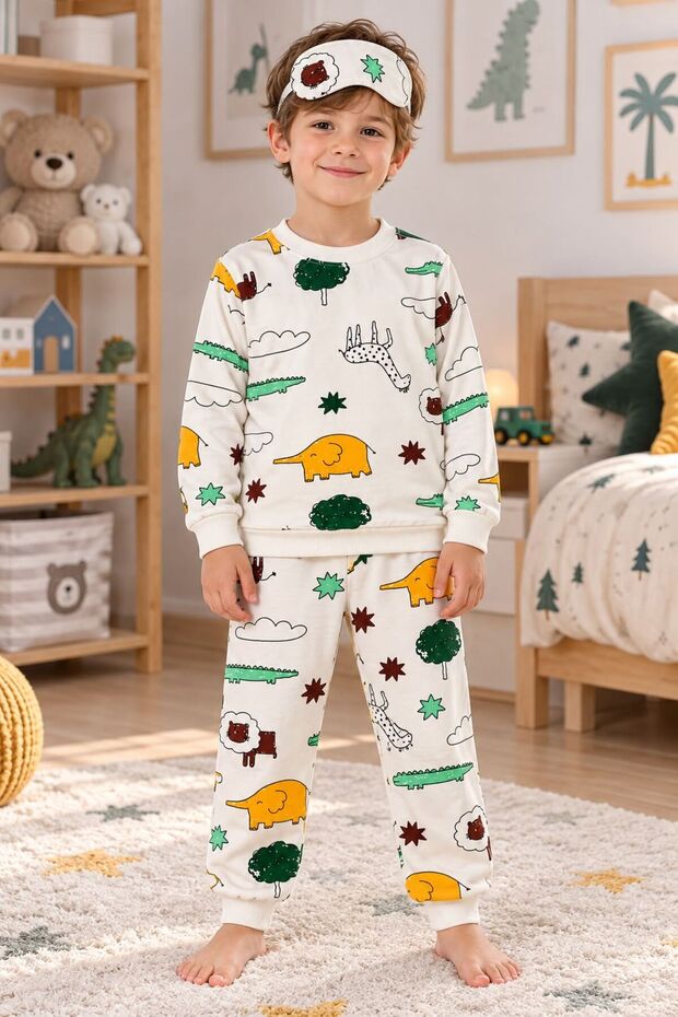Boys' Cotton-Brushed Inside White Safari-Print Long-Sleeve Winter Pajama Set with Eye Patch