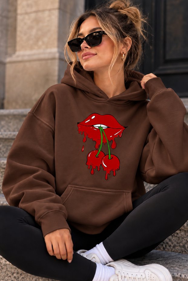 Unisex Oversized Hoodie with Lips and Cherries Print – Relaxed Casual Sweatshirt
