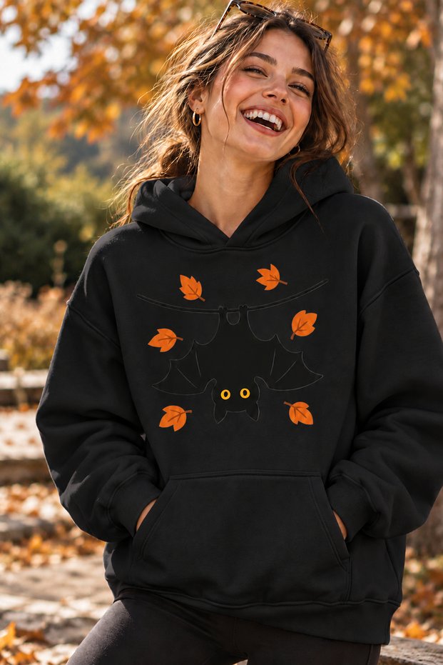 Cute Bat and Fall Leaves Print Unisex Oversized Hoodie – Relaxed Casual Sweatshirt
