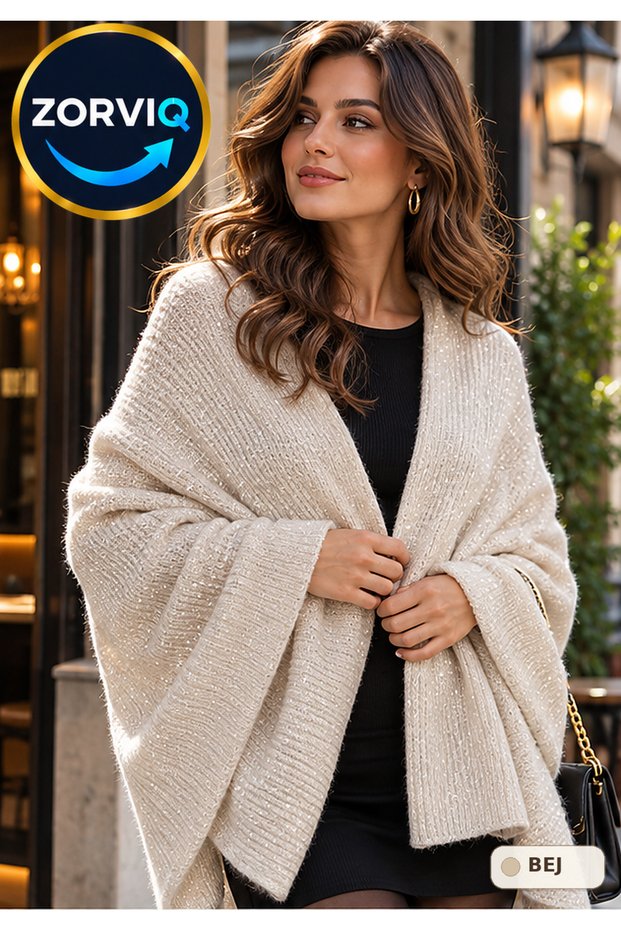 Women's Beige Glitter Knit Solid-Knit Shoulder Shawl, 85x185 cm, Soft-Textured Knit Shawl, Stylish and Elegant Shoulder Shawl