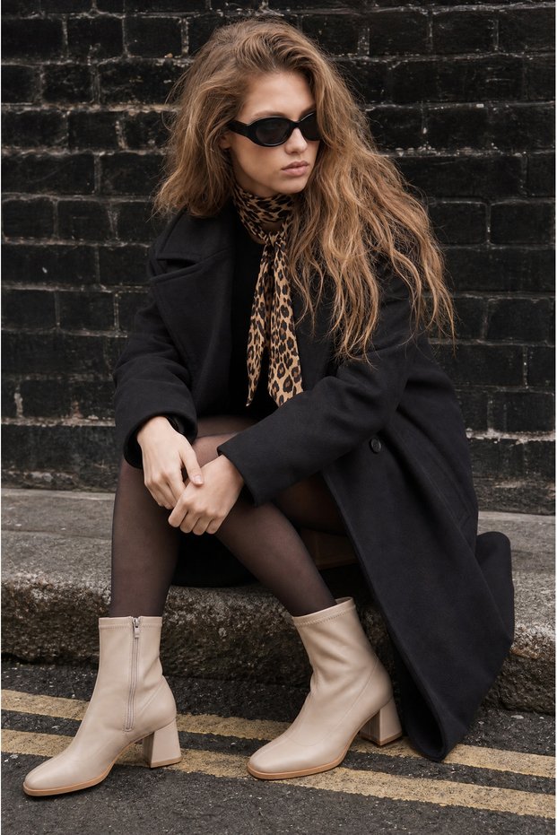 Women's Winter Stretch Faux Leather Square-Toe 7-Centimeter Block Heel Side Zipper Ankle Boots