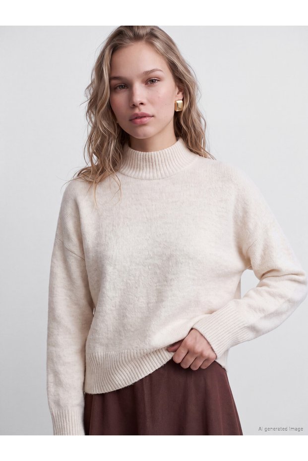 TWO MT SHOP QUALITY LCW Vision Ecru Half-Turtleneck Women's Knit Sweater with Boat Neck