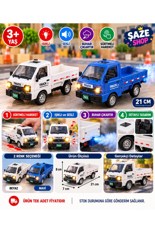 21 cm Push-Along Light-Up, Sound-Making, Steam-Emitting Toy Truck – Mini Cargo Truck with Moving Bed and Realistic Effects, Ages 3+