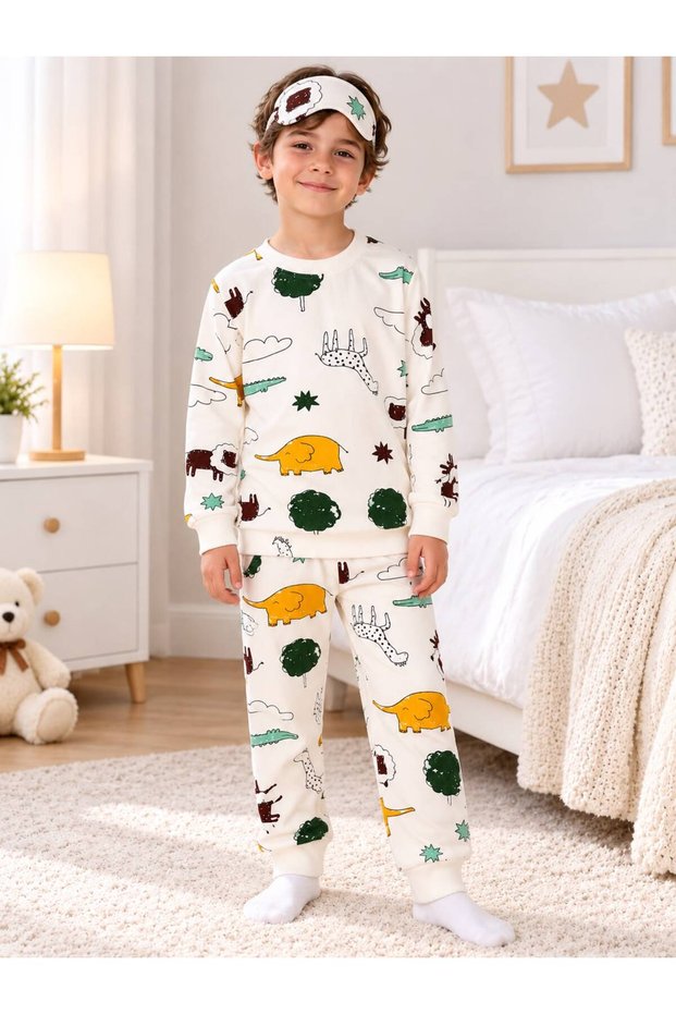 Boys' Cotton Pajama Set with Brushed Inside Cuffs, White, Safari Print, Long-Sleeved, with Straps