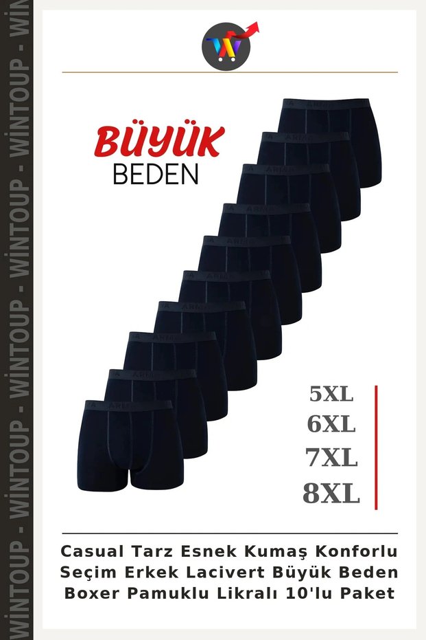 Casual Style, Stretchy Fabric, Comfortable Choice: Men's Navy Blue Plus-Size Boxer Briefs (Cotton-Lycra Blend), 10-Pack