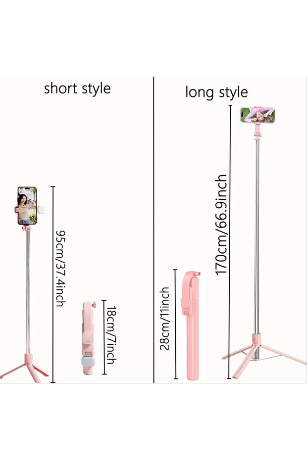 Smallmodelwithlight Pink Extendable Aluminum Selfie Stick Tripod, Fill Light & Bluetooth-compatible