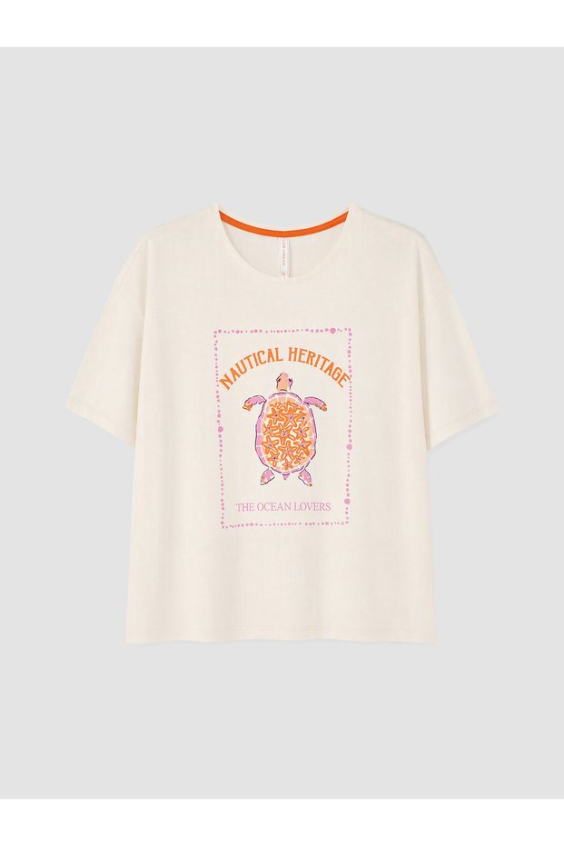 LCW DREAM Ecru-Printed Women's Short-Sleeve Pajama Top, Featuring the ALITA CITY Touch