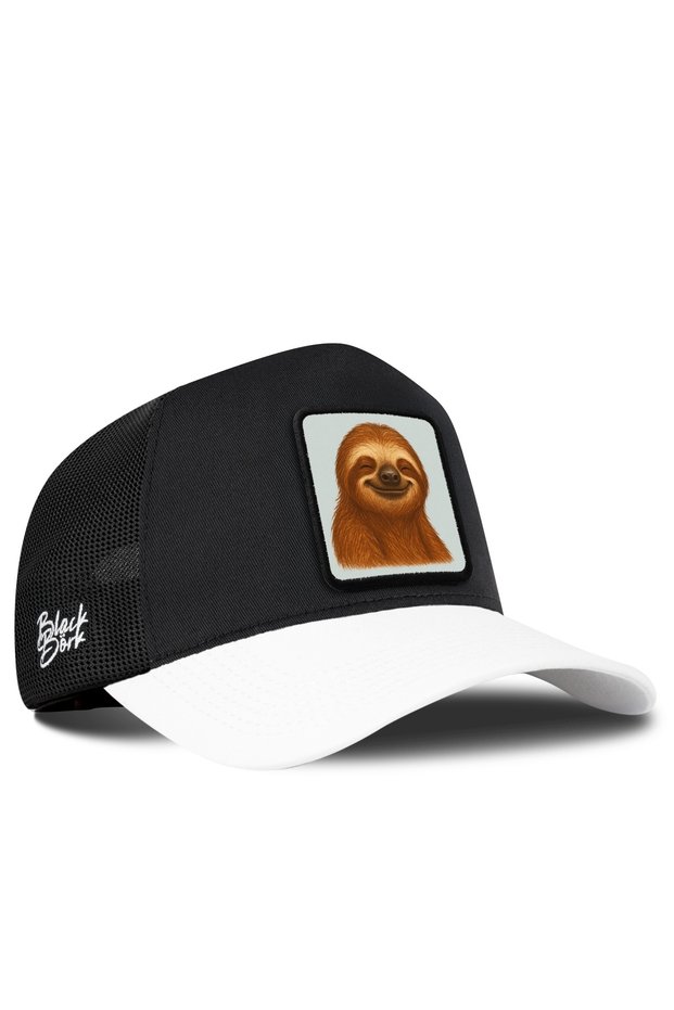 White and Black Trucker Cap with a Sloth Logo
