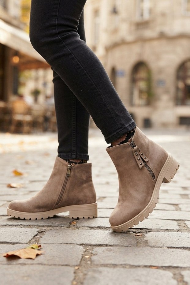 Women's Taupe Color Suede Short Boots with Side Zipper, Thick Treaded Sole, Casual Booties