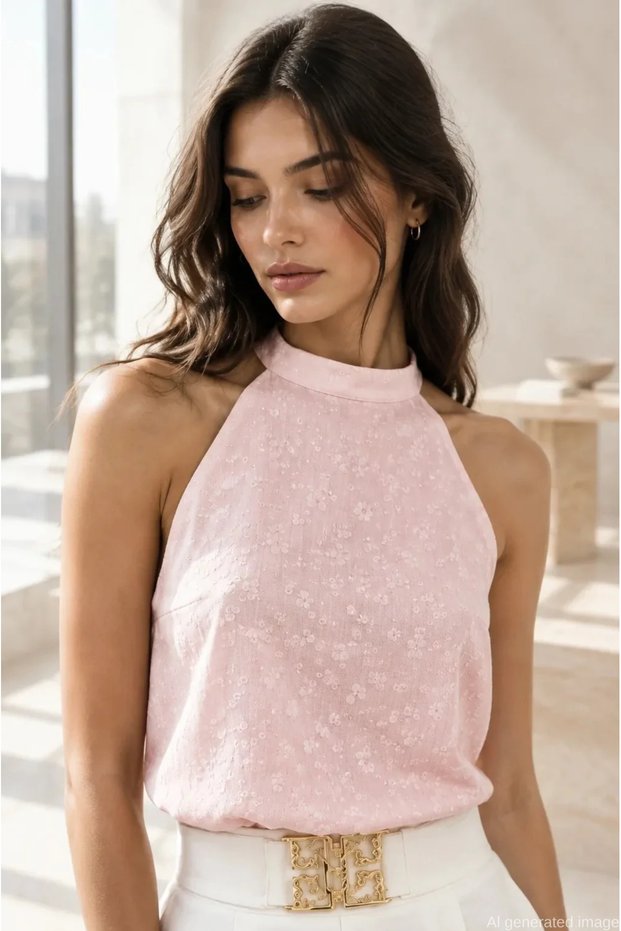 T-Shirt with a Halter Neck and Textured Design - Pink