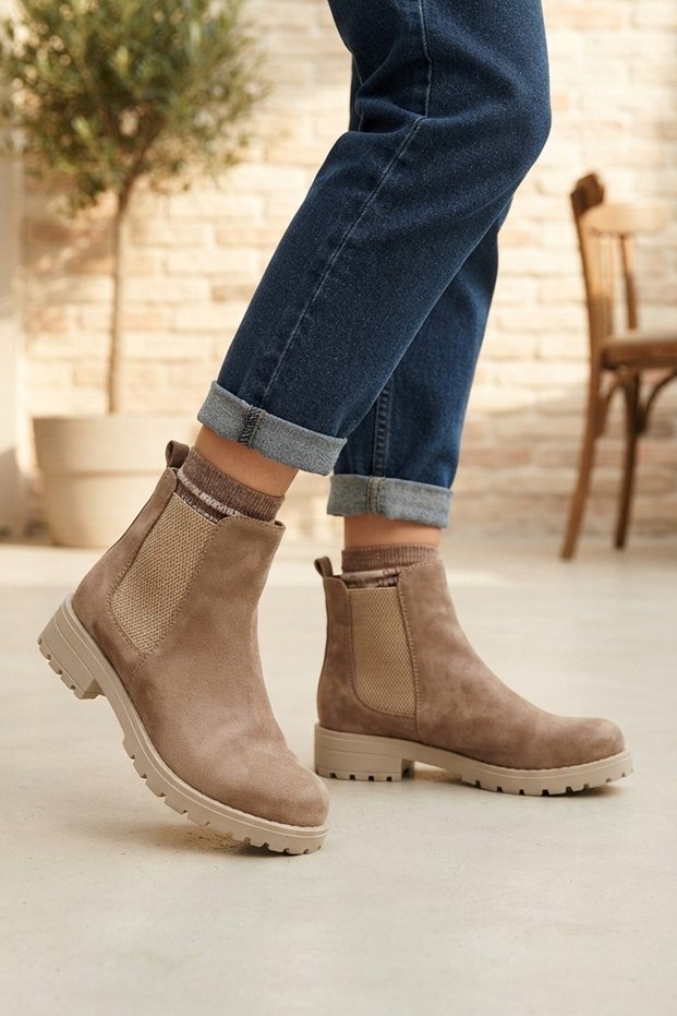 Women's Taupe Color Suede Chelsea Boots with Elastic Side Panels and Thick, Treaded Soles—Casual Short Boots