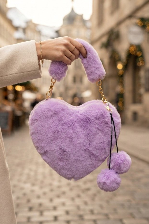 Purple Plush-Shaped Women's Clutch Bag with Chain Detail and Pom-Poms