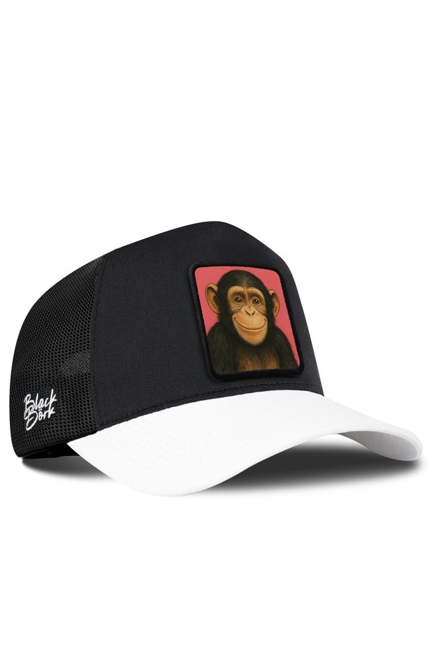 White and Black Trucker Cap with Monkey Logo