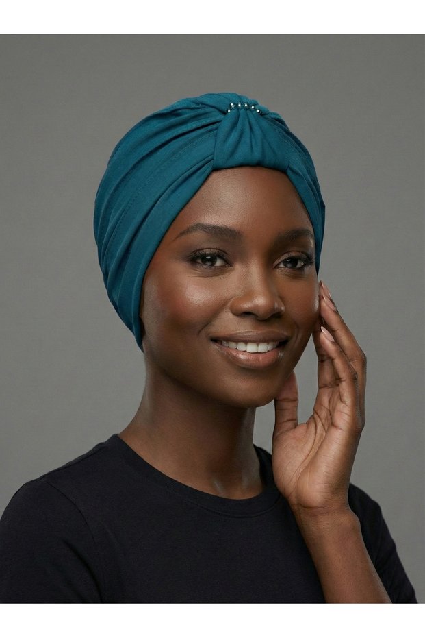 Petrol Green Ready-to-Wear Hijab with Crystal Butterfly Embellishments, Ribbed Lining, and Beading