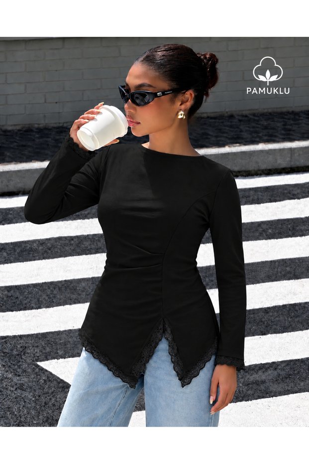 Cotton Blouse with Lace Details, Asymmetrical Cut, and Long Sleeves 0260