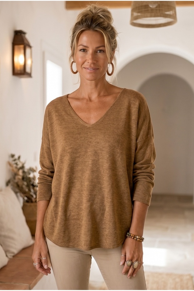 Italian Mustard-Colored V-Neck Long-Sleeve Soft-Textured Angora Knit Blouse 70 60