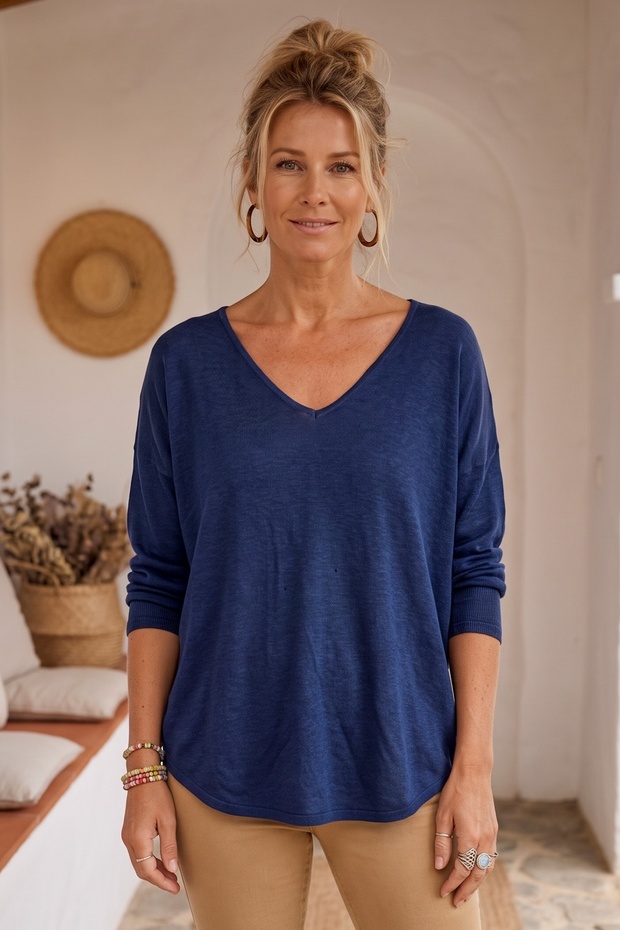 Italian Navy Blue V-Neck Long-Sleeve Soft-Textured Angora Knit Blouse 70 60
