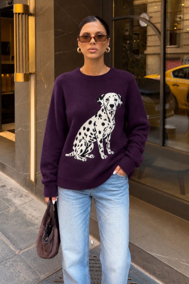 Women's Soft-Textured Jacquard Sweater with Dalmatian Print