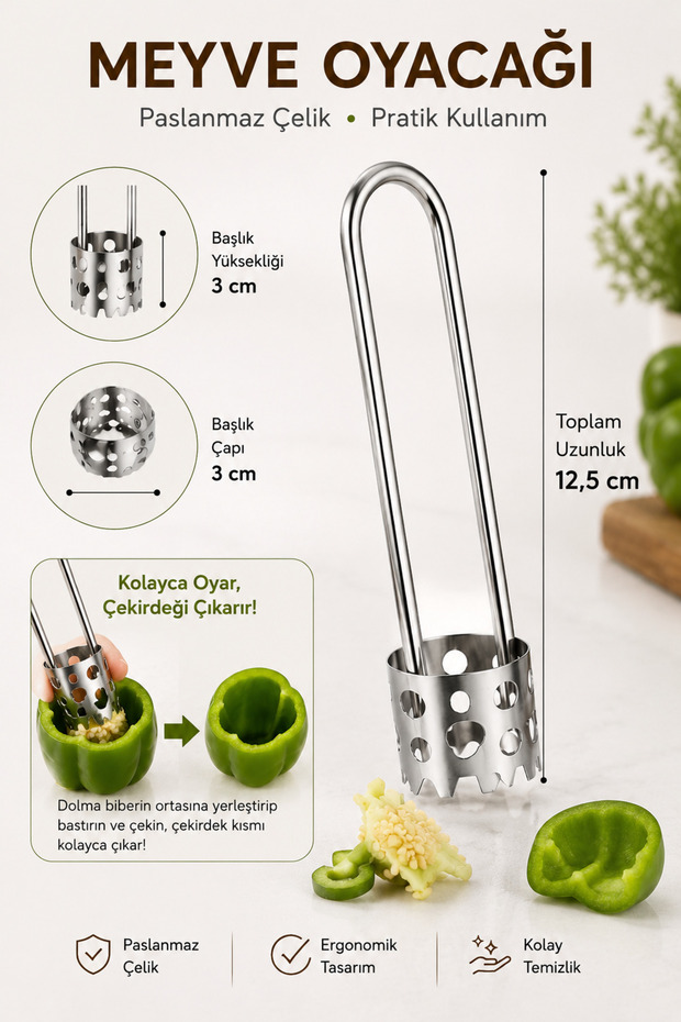 Stainless Steel Vegetable and Fruit Corer 15 cm – Pepper, Stuffed Vegetable and Fruit Core Removal Tool