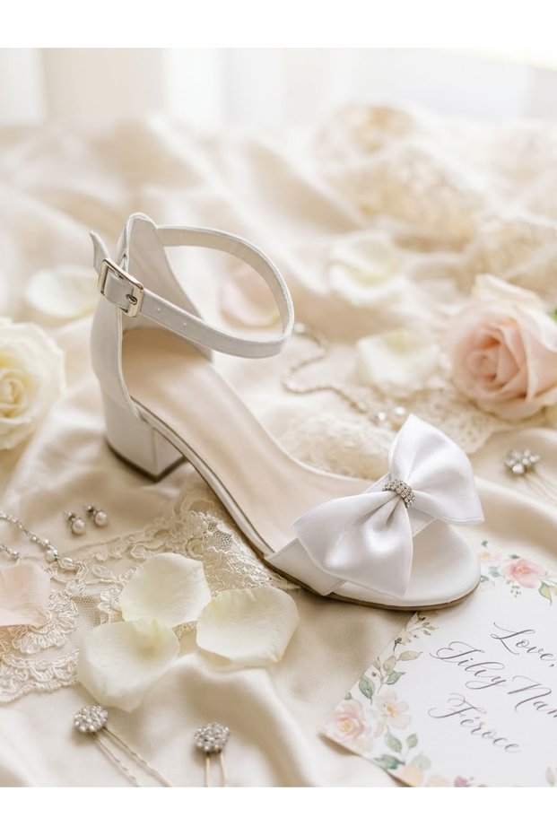 Evening dress shoes with a white bow detail, glittery sand-colored design, single-strap construction, and high heels