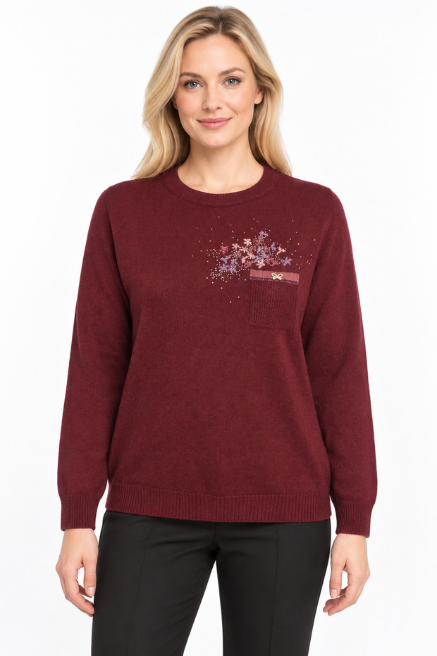 Women's Crew-Neck Wool Sweater embellished with stones on the chest, Burgundy