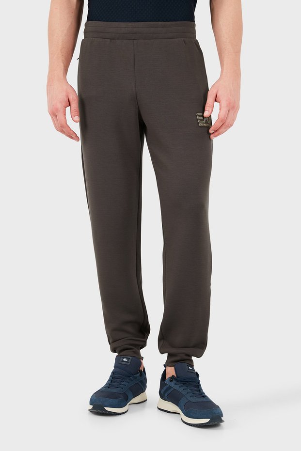 Men's Brown Sweatpants with Elastic Waistband and Elasticated Hems and Logo Print
