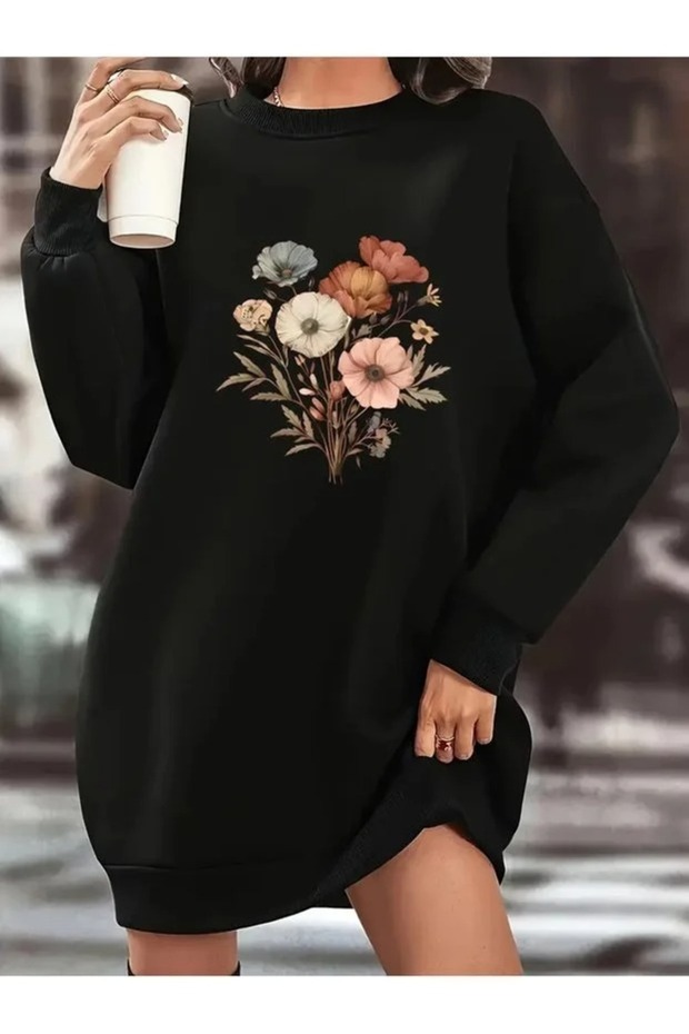 Black Long-Sleeved, 90 cm Printed Oversized Tunic with Brushed Inside