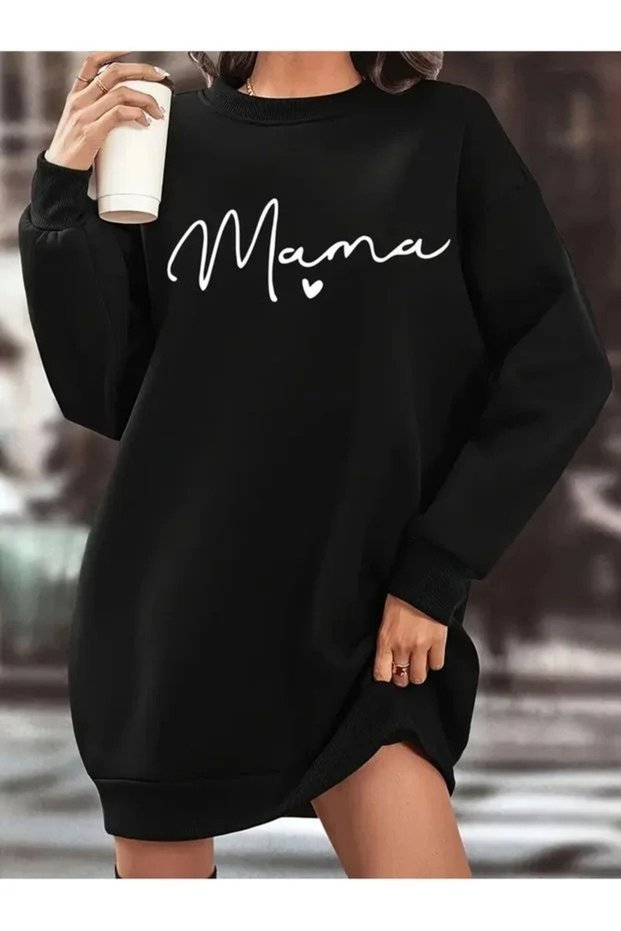 Black Long-Sleeved, 90 cm Printed Oversized Tunic with Brushed Inside