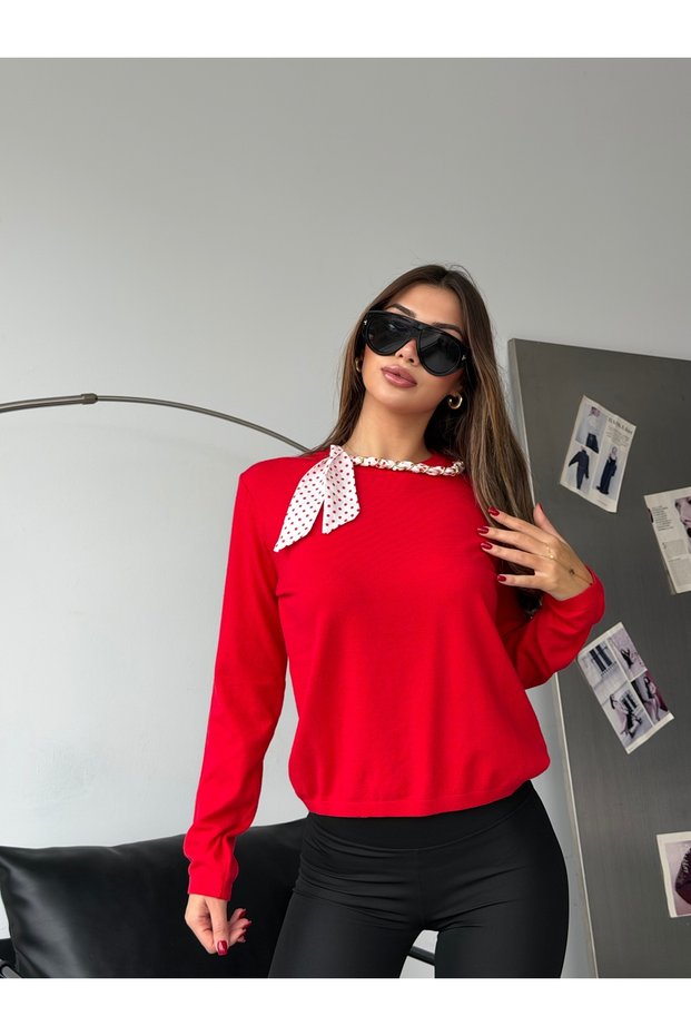 Women's Red Scarf-Sleeve Detail Long-Sleeve Basic Knit Blouse