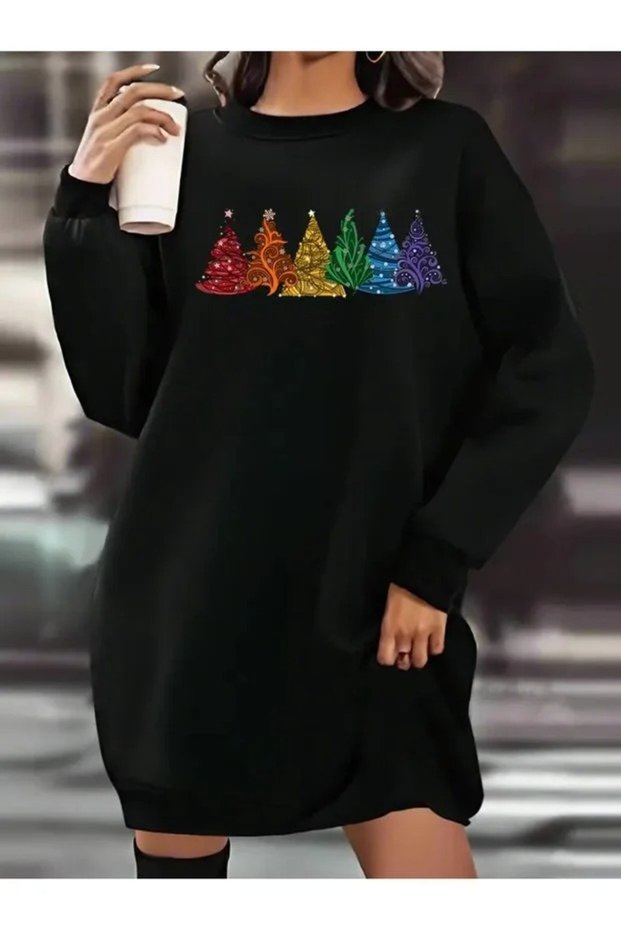 Black Long-Sleeved, 90 cm Printed Oversized Tunic with Brushed Inside
