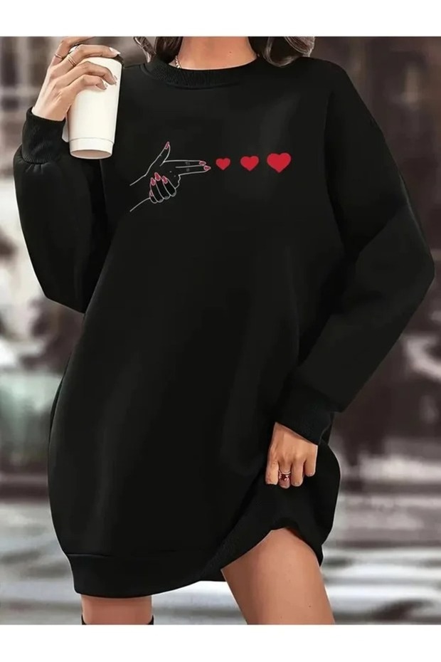 Black Long-Sleeved, 90 cm Printed Oversized Tunic with Brushed Inside