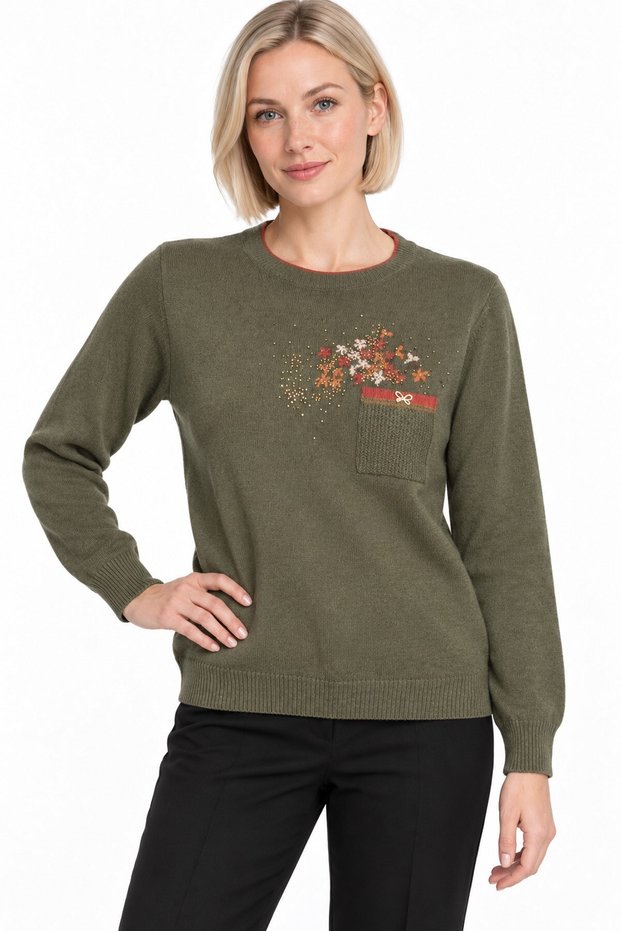 Women's Crew-Neck Wool Sweater embellished with stones on the chest, K.Yosun