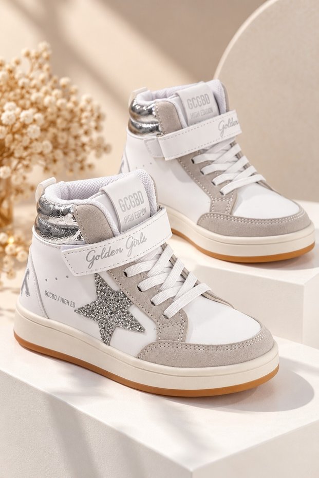 LİLYA Girls' "Star" Glittery Sneakers with Velcro Closure and Laces for Everyday Wear